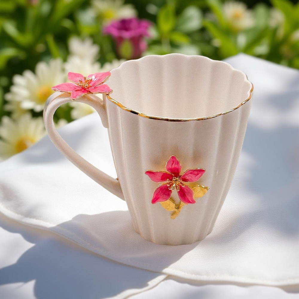 Floral Ceramic Mug with Pink and Gold‎ Accents 12oz
